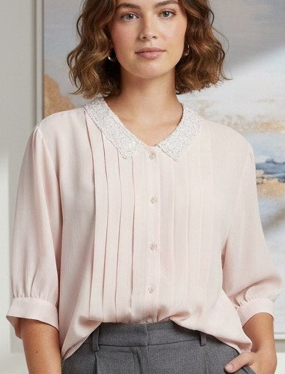 Vintage Cottagecore/Grandmacore Pink Pleated Women's Top with Lace Collar